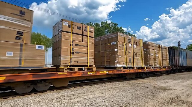 Freight Train Transporting Cardboard Boxes on Flatcars Under a Bright Blue Sky with White Clouds