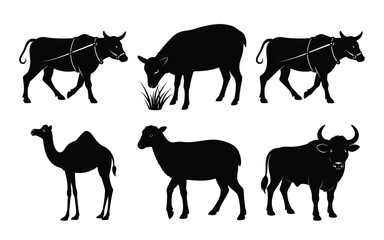 Black vector silhouettes of farm animals, including horse, cow, sheep, and goat, in a collection