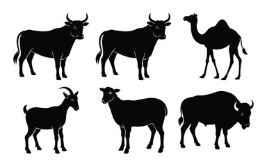 A striking collection of wild animal silhouettes, featuring a horse, cow, goat, dog, sheep, pig, deer, elephant, cat, giraffe, bull, and chicken in black vector illustrations