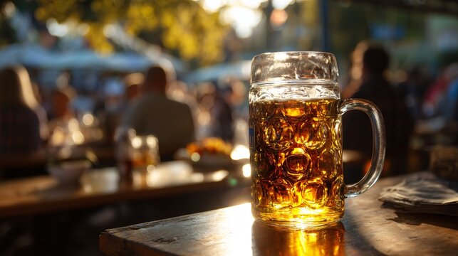 Close up of beer stein with sunlight flaring through golden liquid, people chatting in blurred background