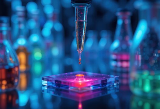 Pipeta de precisi&oacute;n que dispensa l&iacute;quido fluorescente sobre un portaobjetos de vidrio transparente en el laboratorio