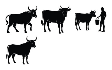 Farm animal silhouettes with cow goat and bull in black vector style