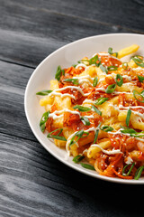 Loaded Kimchi Fries with cheese, mayonnaise and spring onion