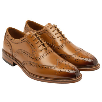 A pair of tan leather brogue shoe for classic or formal fashion style, Isolated Transparent Background