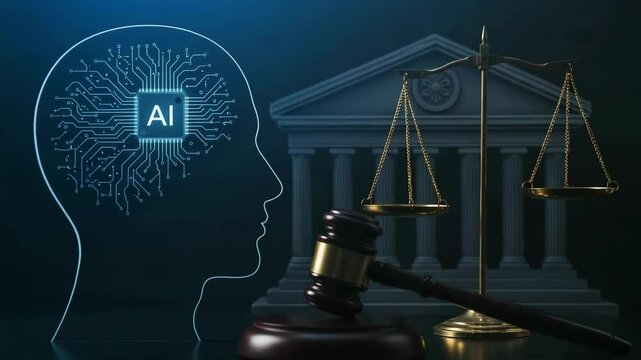 AI brain concept with gavel and scales against a courthouse background  