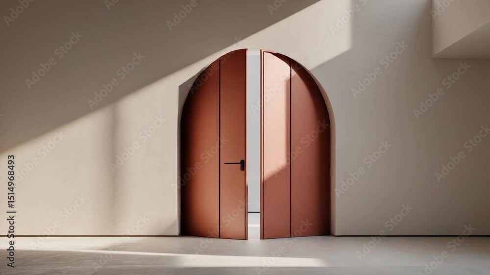 Poster a minimalist architectural style with a curved terracotta red door embedded in a smooth, clean wall 