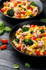Tuna corn pasta salad with tomatoes and broccoli
