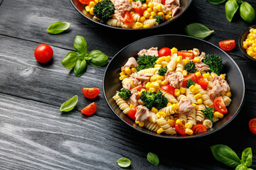 Tuna corn pasta salad with tomatoes and broccoli