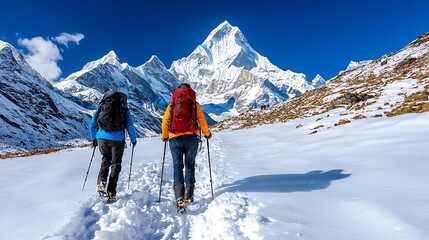 Trekkers Walking Towards Snow-Capped Himalayas