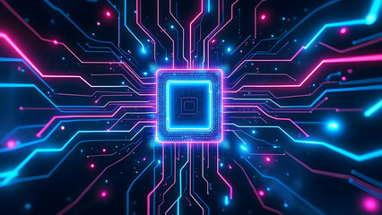 Glowing neon digital core structure floating in dark space with bright blue and pink circuit lines creating futuristic technology vibe