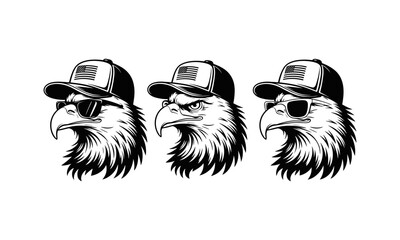 Cool Eagle Head with American Flag Cap Vector Illustration Set