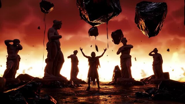 Satan praising divine figures in flames
