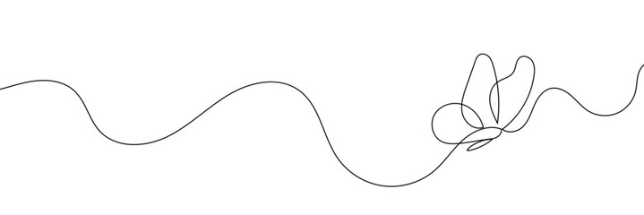 Butterfly in One continuous line drawing. Beautiful flying moth for wellbeing beauty or spa salon logo and divider concept in simple linear style. Editable stroke. Doodle vector illustration.