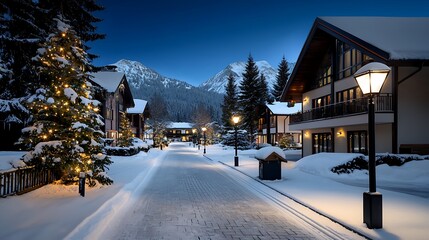 Fototapeta premium Winter Village Scene at Dusk with Snow-Covered Mountains