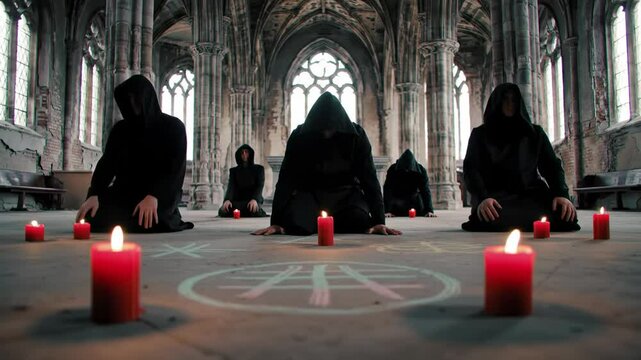 Hooded figures in Satan candlelit ritual circle