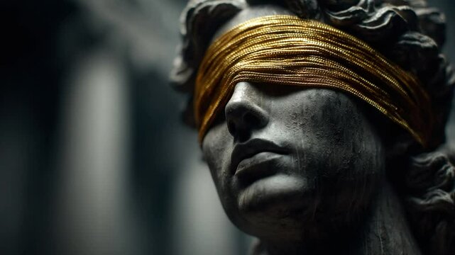 Symbolic Stone Sculpture with Golden Blindfold representing Justice and Blind Faith
