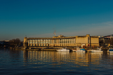 An early morning view of Bristol on a clear, sunny spring day. The river reflects the colourful...