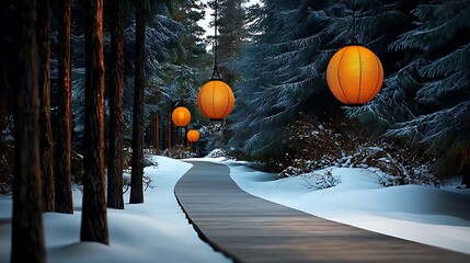 Lanterns Illuminate Snowy Forest Path