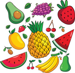 Bright Colorful Fruit Collection in Cartoon Style – Tropical and Summer Fruits Illustration