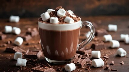 Rich hot chocolate topped with fluffy marshmallows and chocolate shavings, placed on a rustic wooden surface scattered with chocolate pieces, creating a cozy dessert scene. - Powered by Adobe