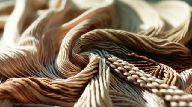 Textured fabric showcasing rich shades of beige and brown, with intricate pleating and stitching details creating a visually appealing and tactile design, ideal for fashion or interior decor.
