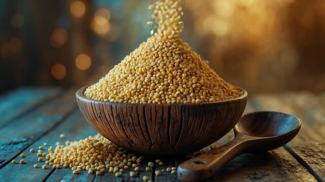 Millet croup in a bowl accompanied by a spoon