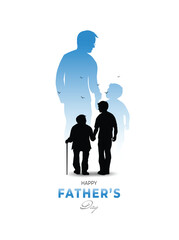  Minimal vector illustration of a father walking with his elderly son, reflected by a memory of their reversed roles in the past.