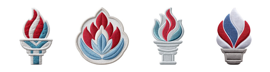 Embroidered patches with flame and torch designs in red, blue, and white colors, perfect for decoration or apparel