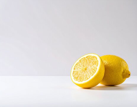 A hyper-realistic close-up of a freshly split lemon