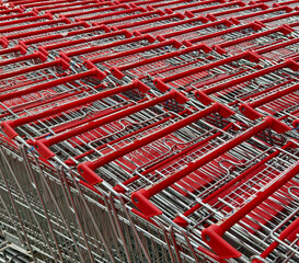 A row of shopping carts is neatly lined up in a straight row
