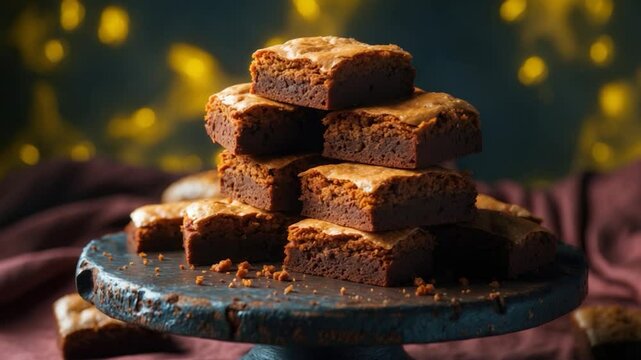 Decadent fudge brownies stacked elegantly on a rustic pedestal, showcasing their rich chocolate texture and glossy top, surrounded by a rich fabric backdrop.