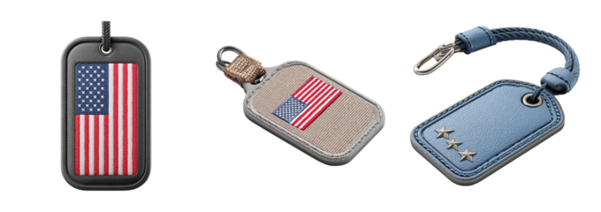 Dog tag keychains with American flag and star designs, featuring fabric and leather textures in various colors