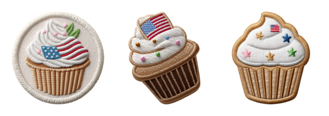 Patriotic cupcake embroidery patch with flag and colorful decoration, festive and detailed textile design