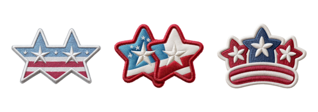Patriotic star patches with red, white, and blue colors and embroidered details, symbolizing American pride and celebration - Powered by Adobe