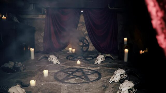 Satan Ritual scene with skulls and glowing symbols