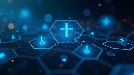 Digital Healthcare Interface Featuring Glowing Medical Crosses and Hexagons