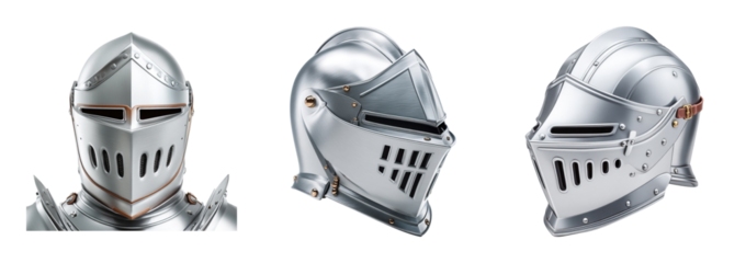 Medieval knight helmet set with shiny metal armor and detailed design, evoking strength and protection