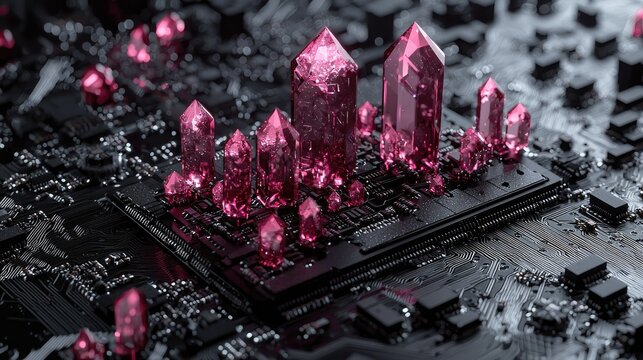 Pink crystals arranged on a circuit board. - Powered by Adobe