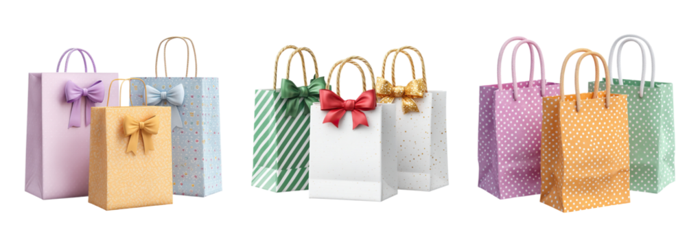 Colorful gift bags with decorative bows and patterns arranged in groups on transparency background, festive and elegant