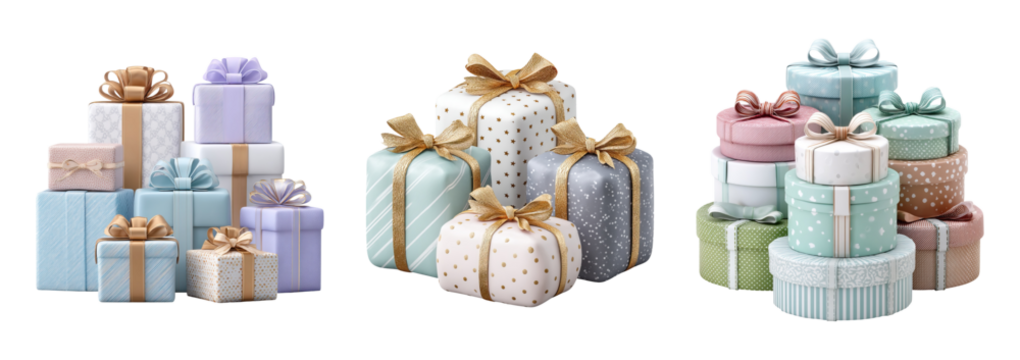 Gift boxes with ribbons in pastel colors and gold bows, beautifully arranged for festive and joyful celebration