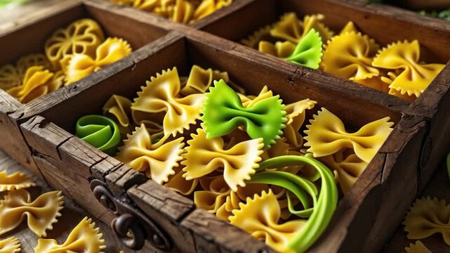 Colorful assortment of farfalle and spiral pasta in a rustic wooden box showcasing vibrant yellow and green hues, perfect for culinary presentations and creative dishes.