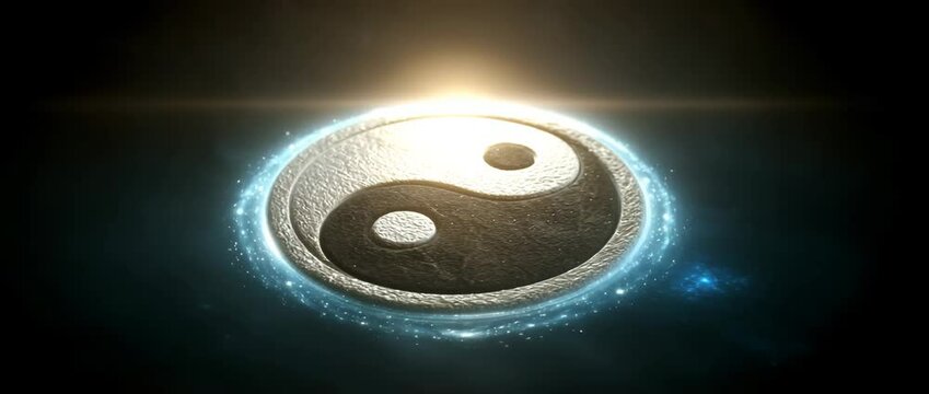 Yin yang cosmic motion, glowing yin yang symbol in space, yin yang energy balance animation philosophical energy loop