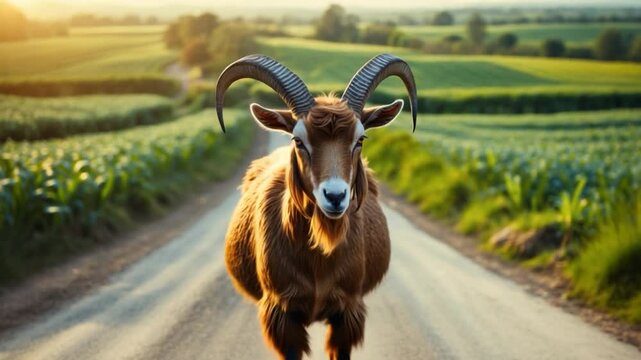Situated in a rural environment, a middle-aged goat stands on a road that borders a crop field.