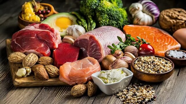 Assortment of Fresh Food Ingredients Arranged on a Rustic Wooden Surface Featuring Meat Fish and Vegetables