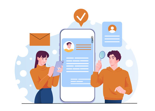 Two people analyzing job applications on a large mobile screen, flat graphic style, with abstract background elements, concept of digital recruitment. Vector illustration