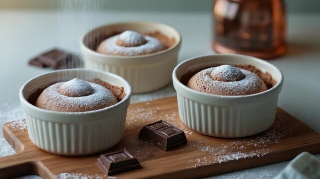 Three freshly baked chocolate souffl&Atilde;&copy;s topped with powdered sugar, resting in white ramekins on a wooden board alongside chocolate squares, with a warm, soft background.