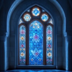 Majestic arched stained-glass window with floral and celestial motifs in blues, pinks, and creams