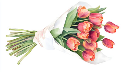 Watercolor-painted tulip bouquet wrapped in gift paper wrap.