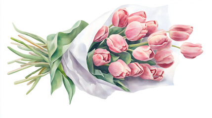 Watercolor-painted tulip bouquet wrapped in gift paper wrap.