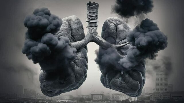 Human lungs wrapped in dark smoke symbolize the severe impact of air pollution on respiratory health.